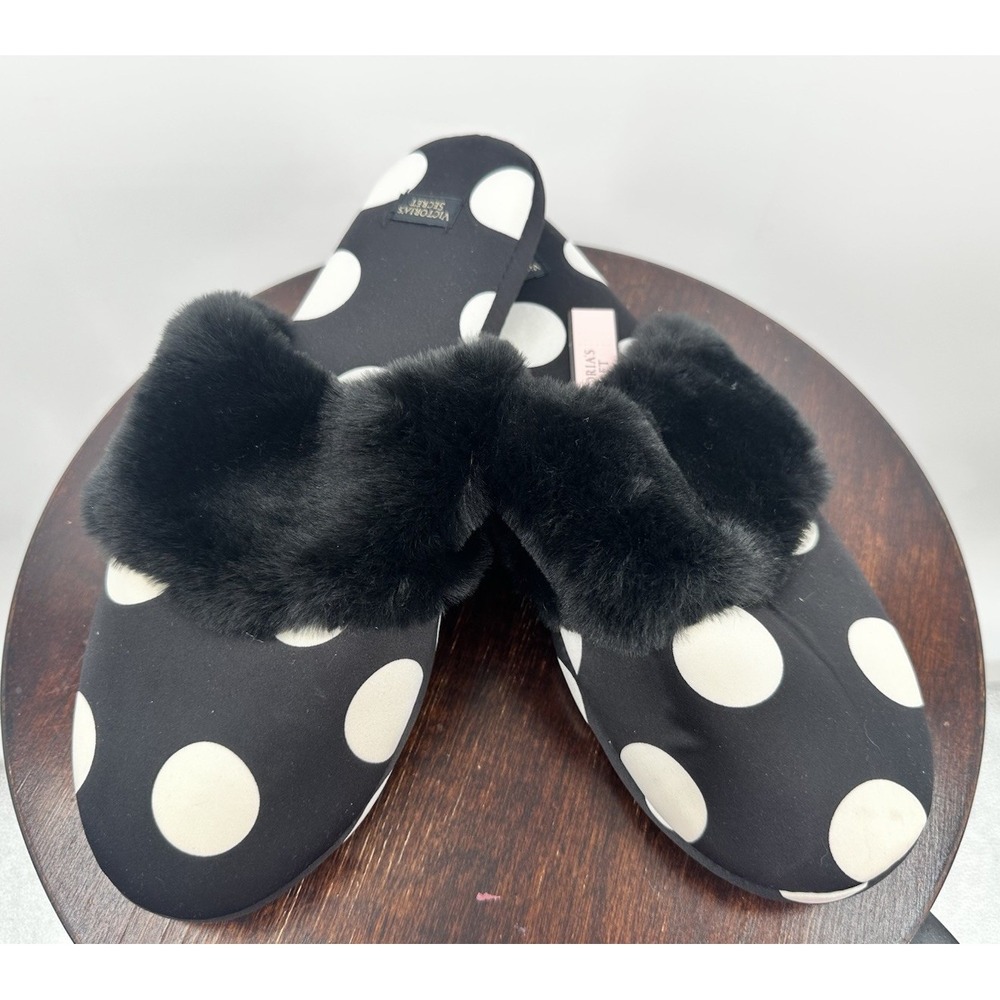 Victoria's Secret Black Dot Logo Size LARGE Faux Fur Trim Satin Slipper VS